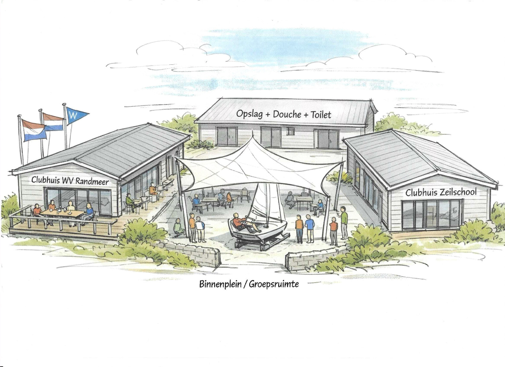 Impressie van het nieuwe clubgebouw van WV Randmeer met clubhuis, zeilschool en binnenplein